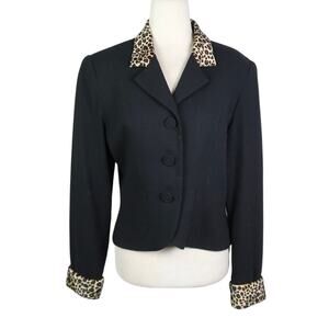 Vintage 90s Trio Black Wool Blazer Jacket Leopard Print Faux Fur Collar Trim 10